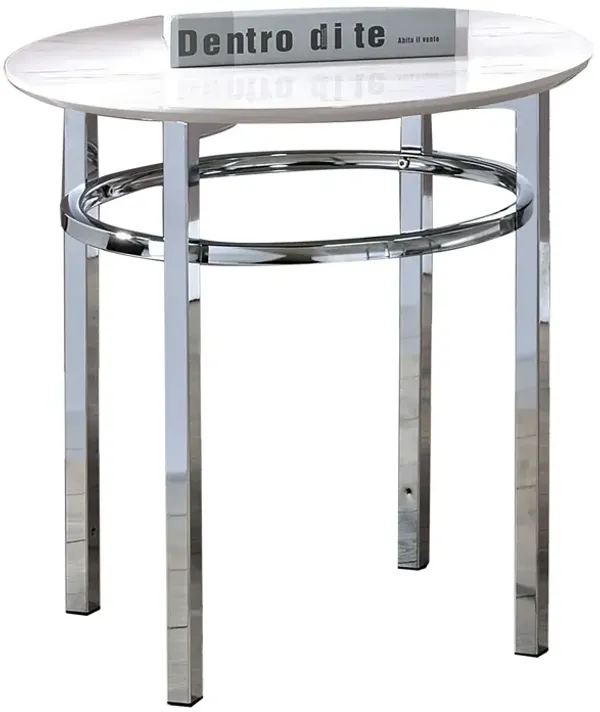 23 Inch Round Faux Marble Top End Table, White and Chrome-Benzara