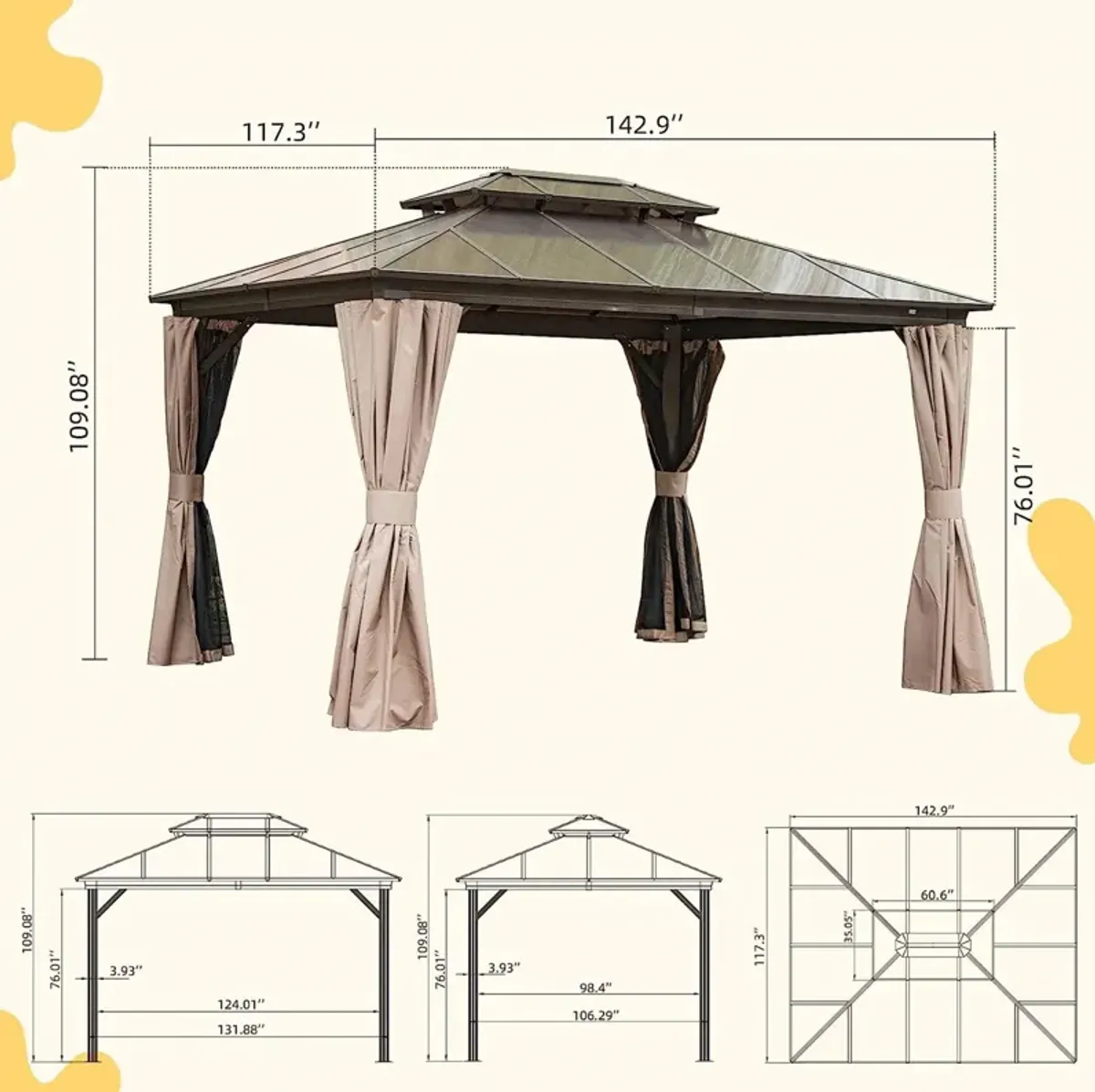 MONDAWE 10x12ft Hardtop Gazebo, Permanent Outdoor Gazebo with Polycarbonate Double Roof, Aluminum Gazebo Pavilion with Curtain and Net for Garden, Patio, Lawns, Deck, Backyard(Brown)