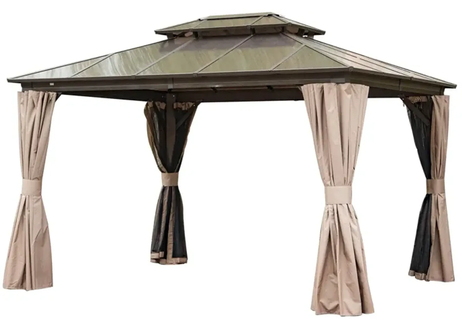 MONDAWE 10x12ft Hardtop Gazebo, Permanent Outdoor Gazebo with Polycarbonate Double Roof, Aluminum Gazebo Pavilion with Curtain and Net for Garden, Patio, Lawns, Deck, Backyard(Brown)