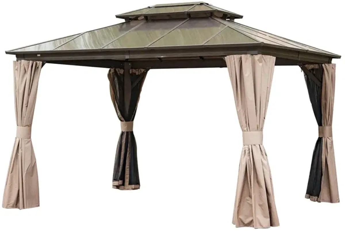 MONDAWE 10x12ft Hardtop Gazebo, Permanent Outdoor Gazebo with Polycarbonate Double Roof, Aluminum Gazebo Pavilion with Curtain and Net for Garden, Patio, Lawns, Deck, Backyard(Brown)