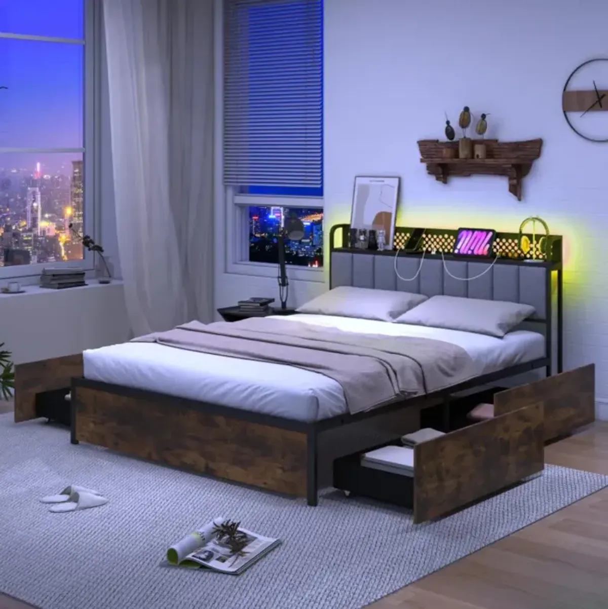 Hivvago Bed Frame with LED Lights, Upholstered Headboard and 4 Storage Drawers