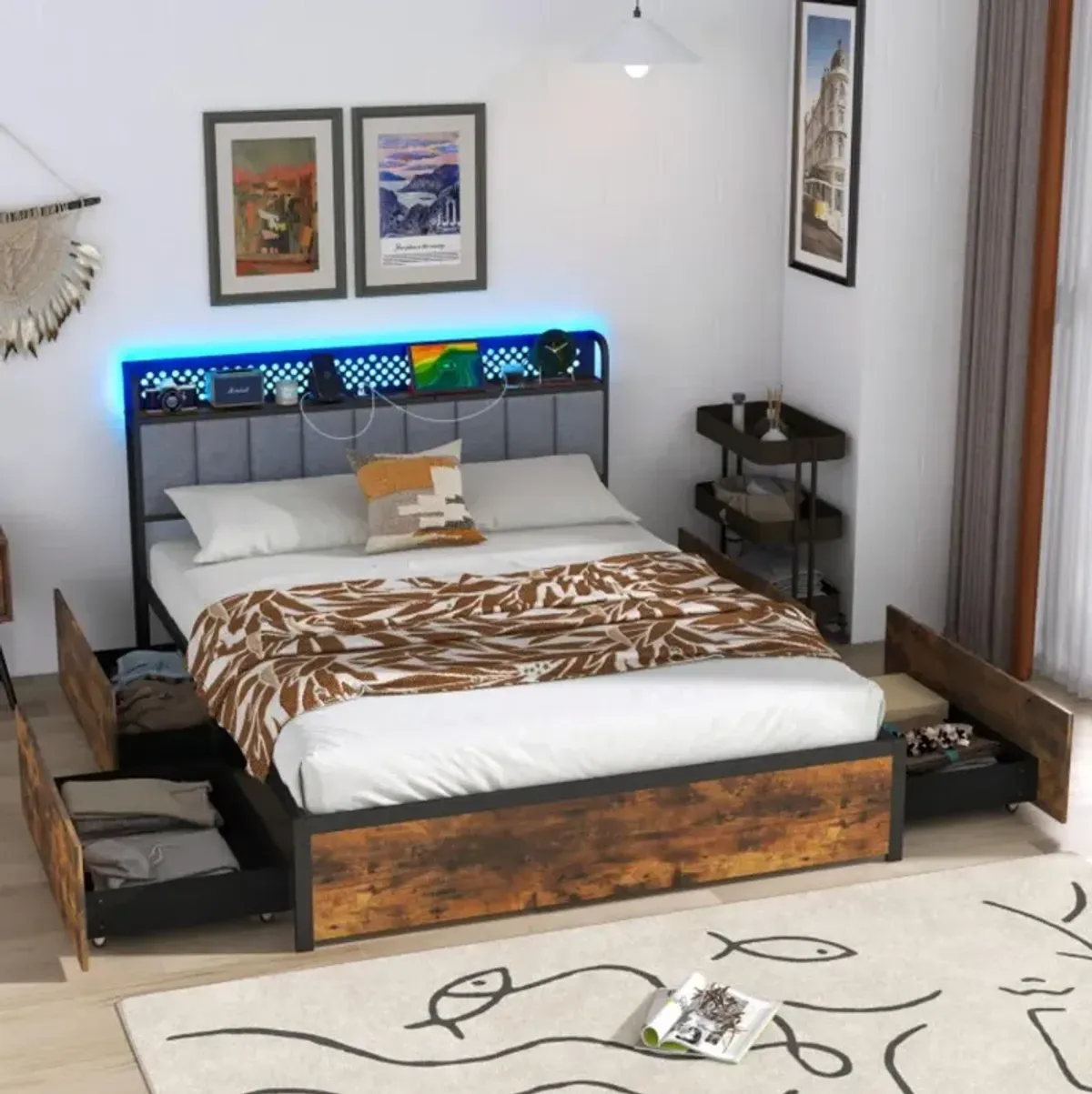 Hivvago Bed Frame with LED Lights, Upholstered Headboard and 4 Storage Drawers