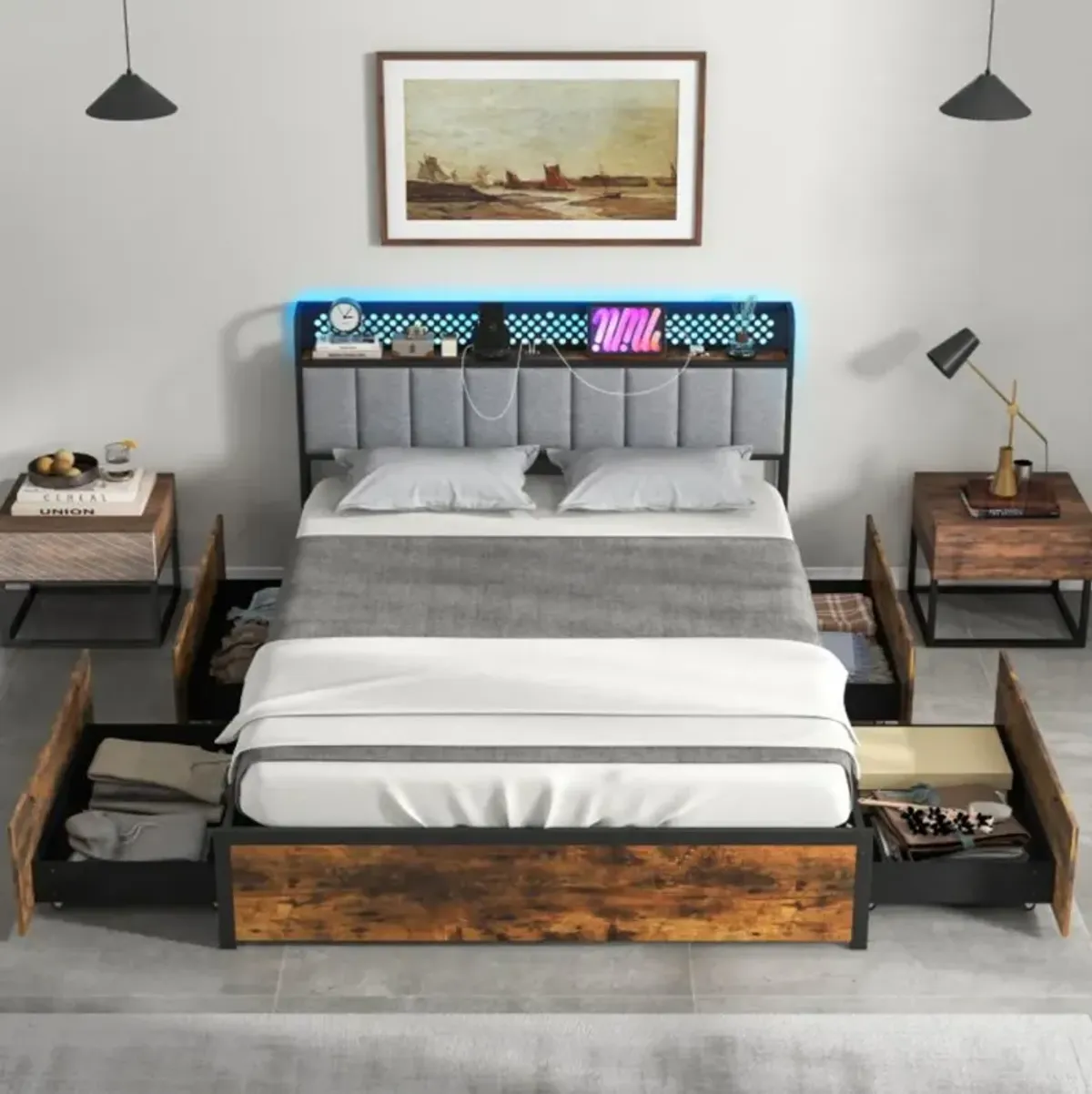 Hivvago Bed Frame with LED Lights, Upholstered Headboard and 4 Storage Drawers