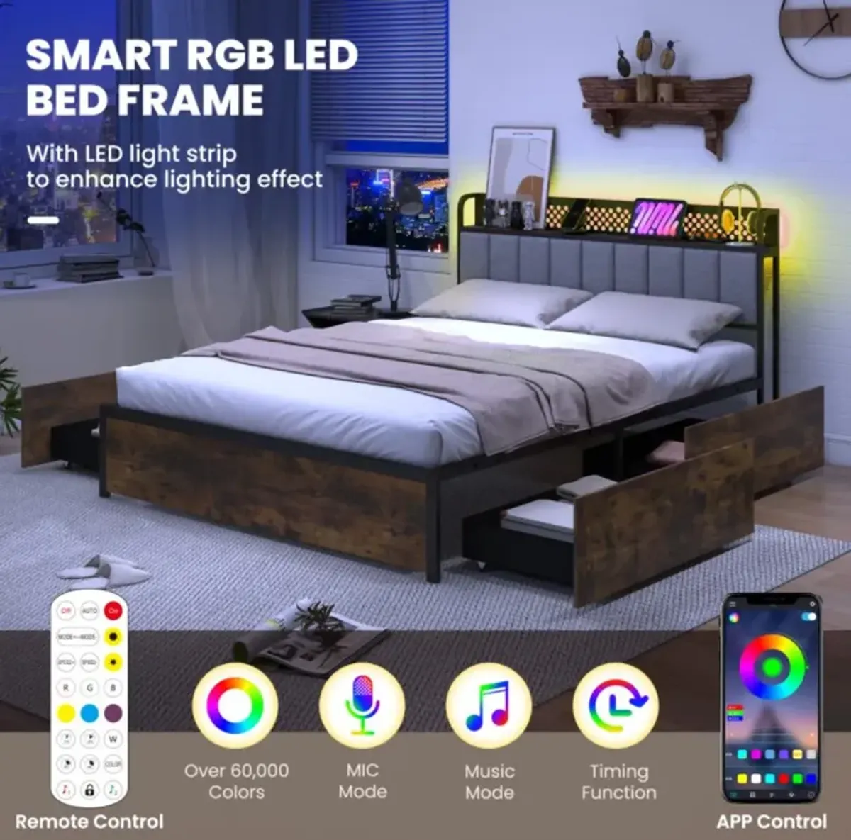 Hivvago Bed Frame with LED Lights, Upholstered Headboard and 4 Storage Drawers