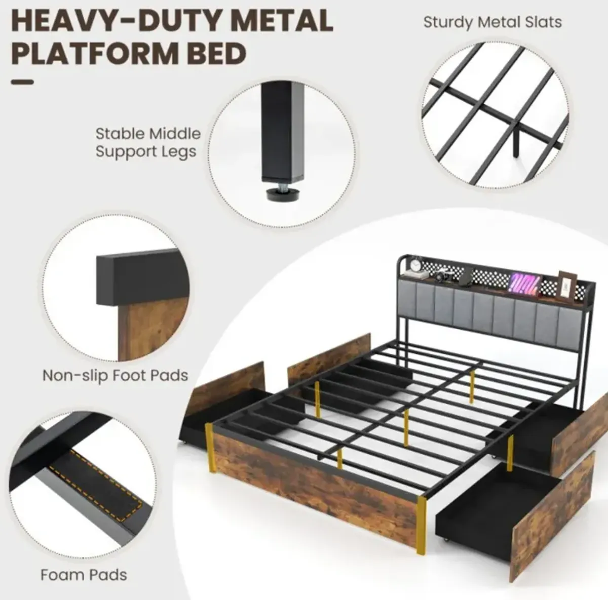 Hivvago Bed Frame with LED Lights, Upholstered Headboard and 4 Storage Drawers