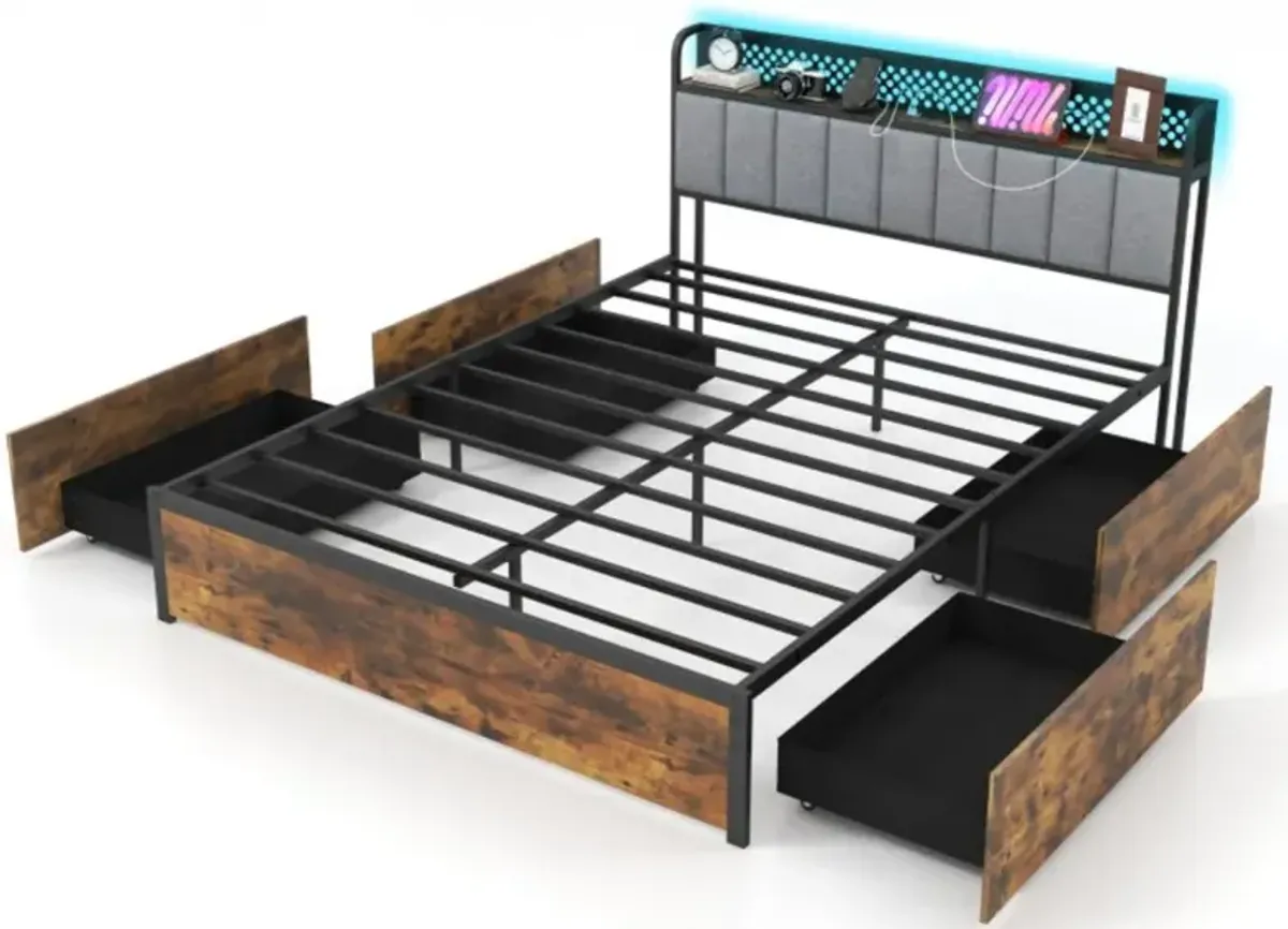 Hivvago Bed Frame with LED Lights, Upholstered Headboard and 4 Storage Drawers