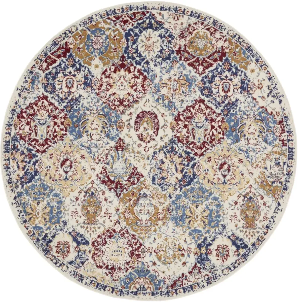 8 Navy Blue Round Damask Power Loom Distressed Area Rug