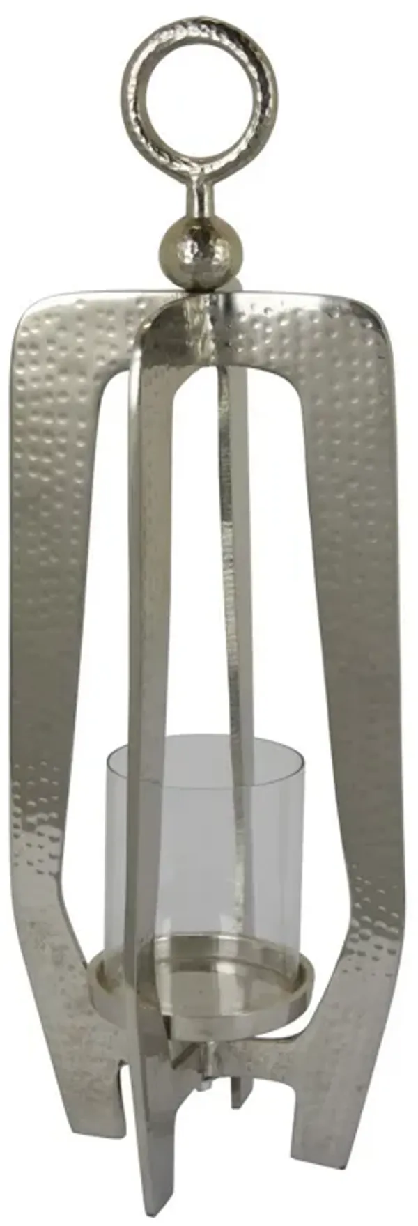 Brie Candle Holder Lantern, 27 Inch, Silver Metal Frame, Glass Shade - Benzara
