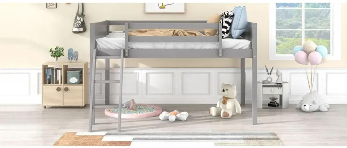 Twin Size Wood Low Loft Bed With Ladder, Ladder Can Be Placed On The Left Or Right