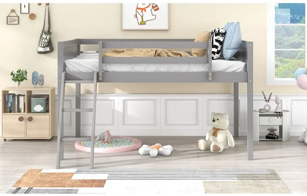 Twin Size Wood Low Loft Bed With Ladder, Ladder Can Be Placed On The Left Or Right