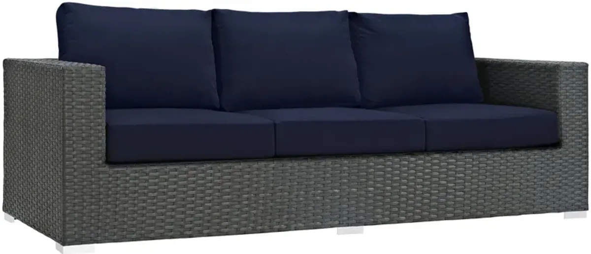 Sojourn Outdoor Patio Furniture Set - Sunbrella Cushions, Synthetic Rattan, UV Protection, Aluminum Frame - Coffee Table, Ottoman, Sofa