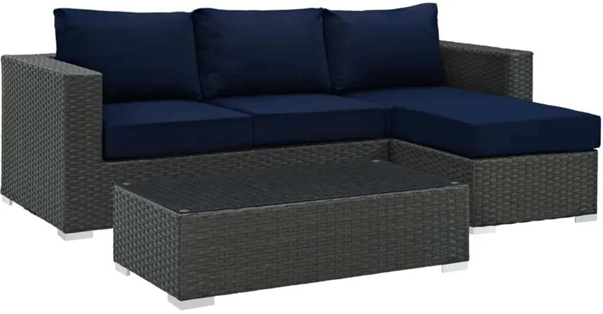 Sojourn Outdoor Patio Furniture Set - Sunbrella Cushions, Synthetic Rattan, UV Protection, Aluminum Frame - Coffee Table, Ottoman, Sofa