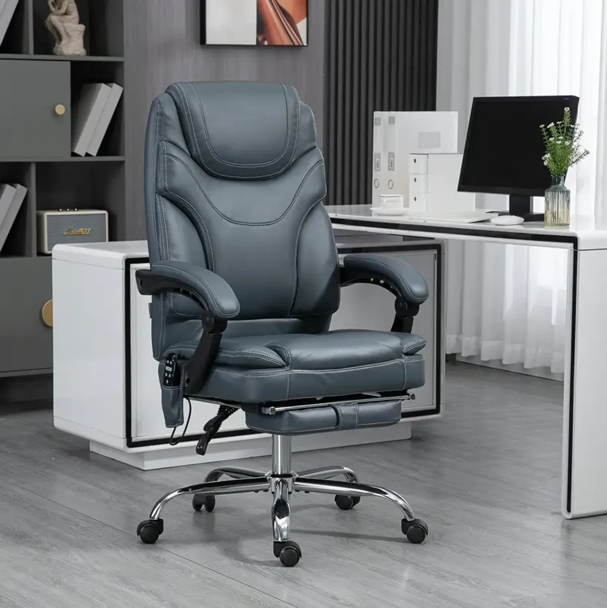 Gray PU Leather Massage Chair: 6 Vibration Points, Heated