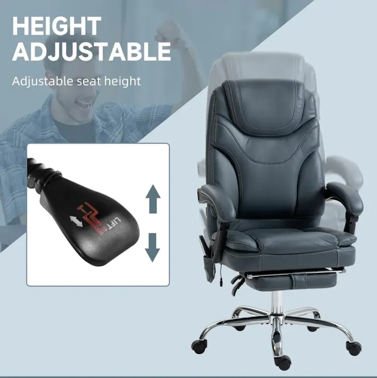 Gray PU Leather Massage Chair: 6 Vibration Points, Heated