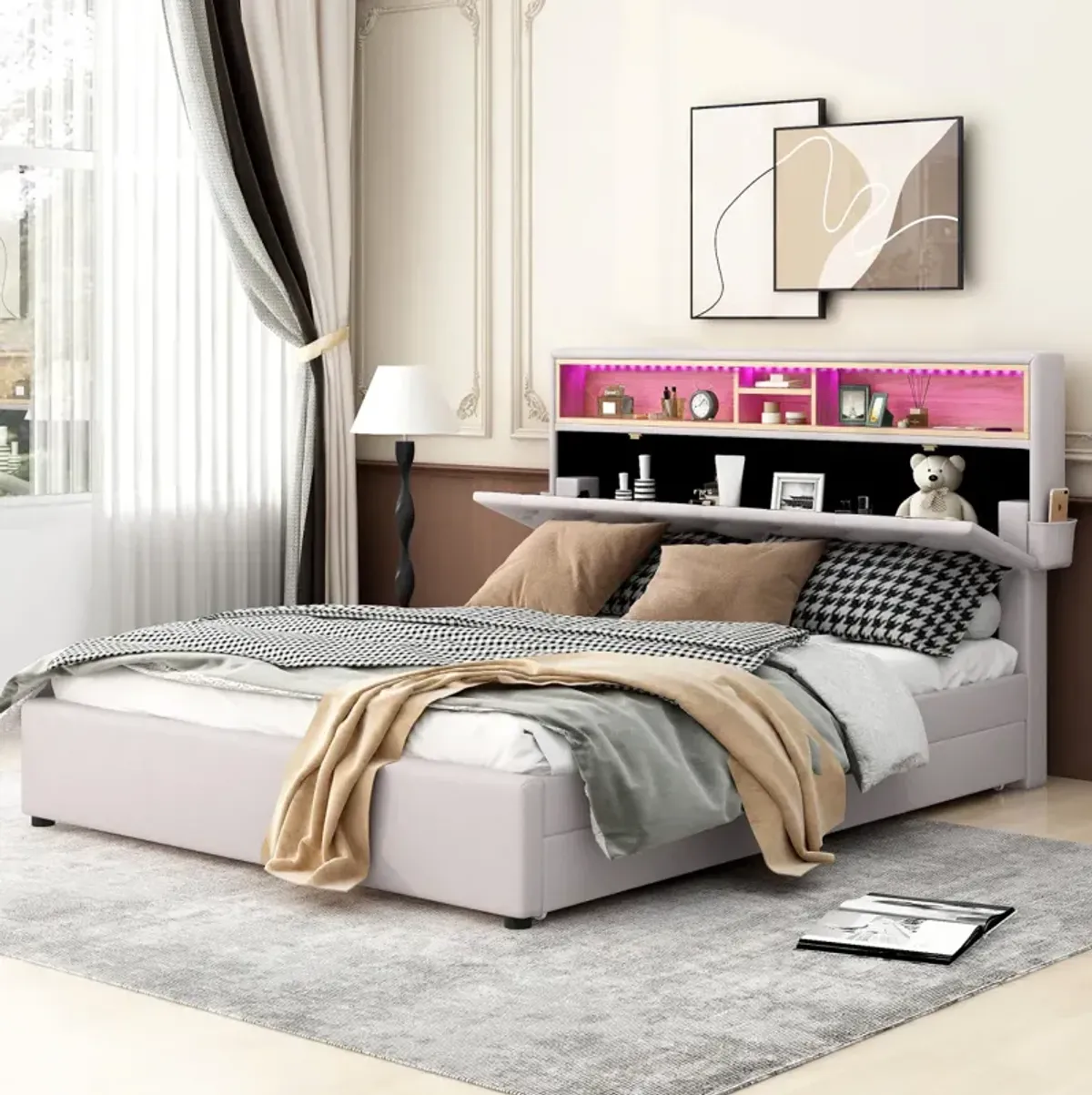 Queen Size Upholstered Platform Bed With Storage Headboard, Led, USB Charging And 2 Drawers