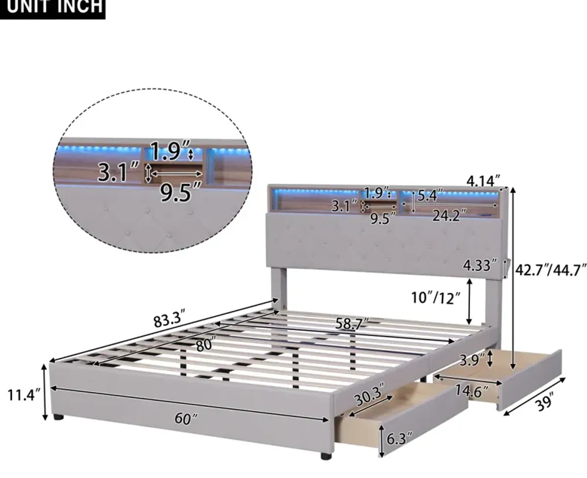 Queen Size Upholstered Platform Bed With Storage Headboard, Led, USB Charging And 2 Drawers