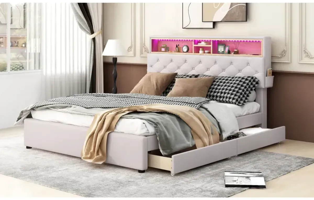 Queen Size Upholstered Platform Bed With Storage Headboard, Led, USB Charging And 2 Drawers