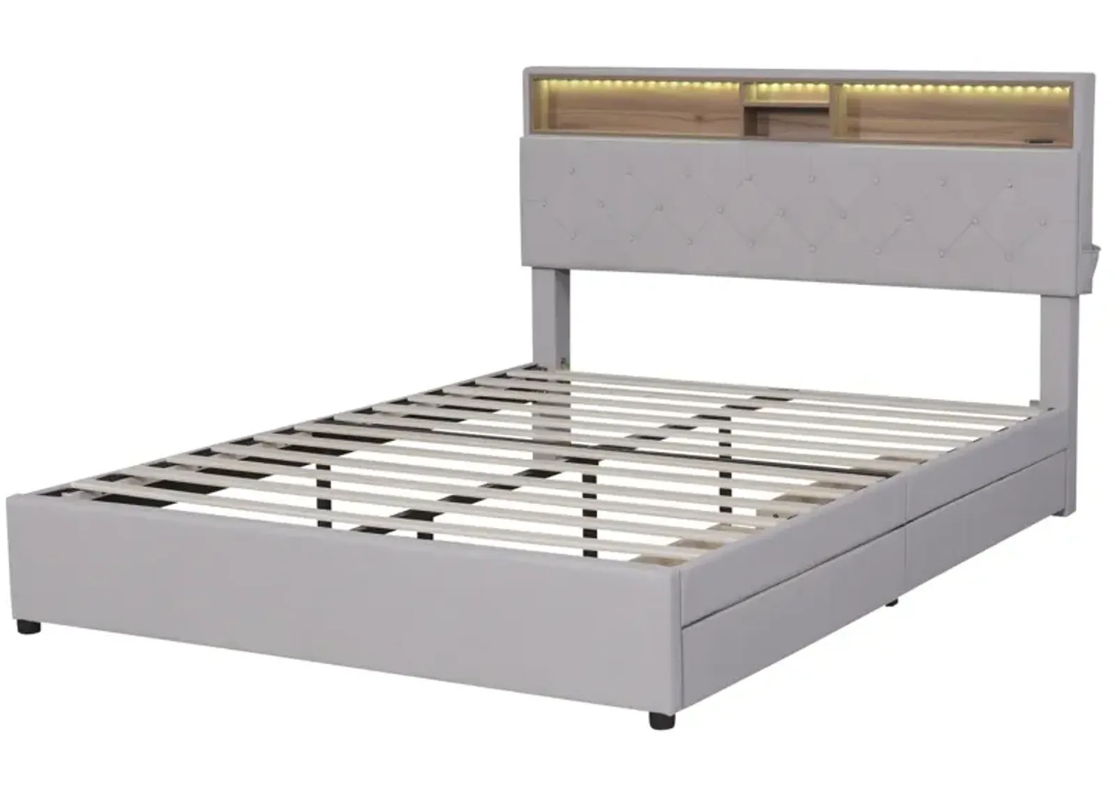 Queen Size Upholstered Platform Bed With Storage Headboard, Led, USB Charging And 2 Drawers