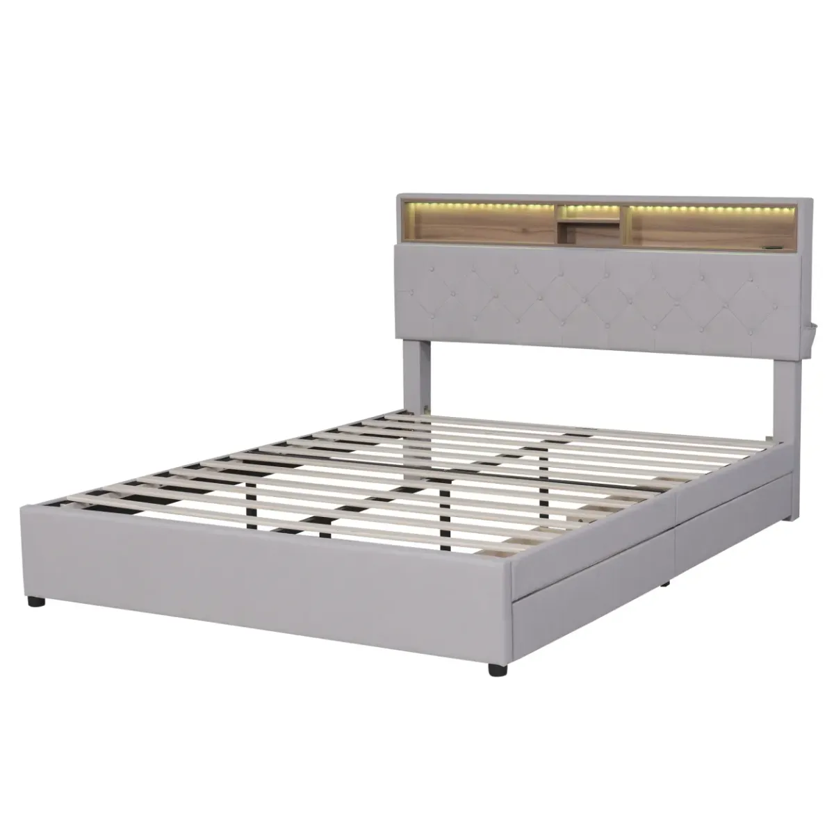 Queen Size Upholstered Platform Bed With Storage Headboard, Led, USB Charging And 2 Drawers