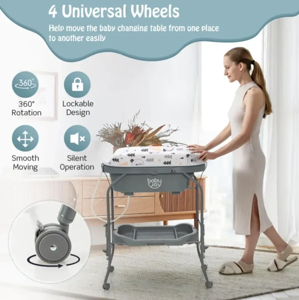 Hivvago Folding Baby Changing Table with Bathtub and 4 Universal Wheels