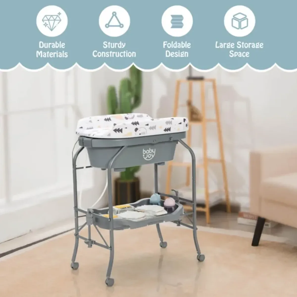 Hivvago Folding Baby Changing Table with Bathtub and 4 Universal Wheels