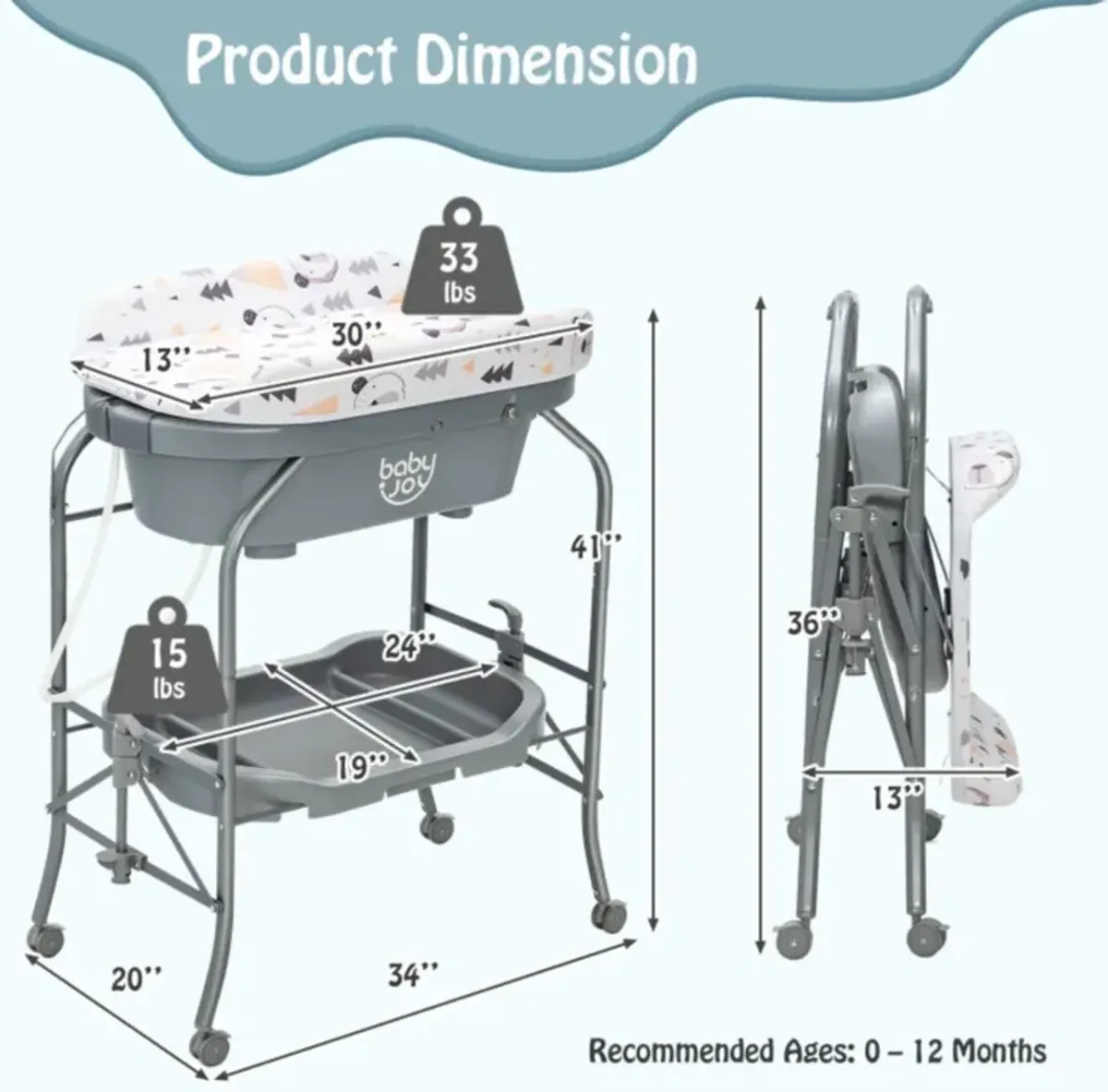 Hivvago Folding Baby Changing Table with Bathtub and 4 Universal Wheels