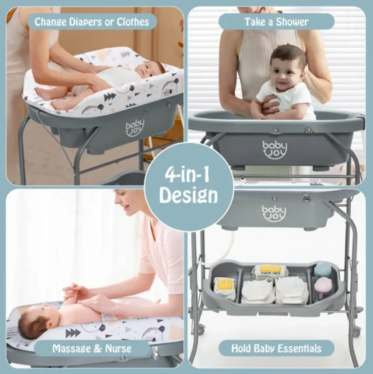 Hivvago Folding Baby Changing Table with Bathtub and 4 Universal Wheels