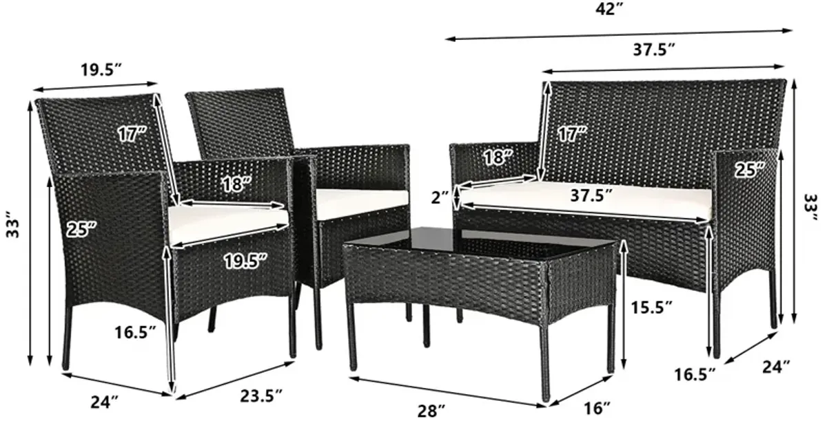 4 Pieces Patio Rattan Cushioned Sofa Set with Tempered Glass Coffee Table