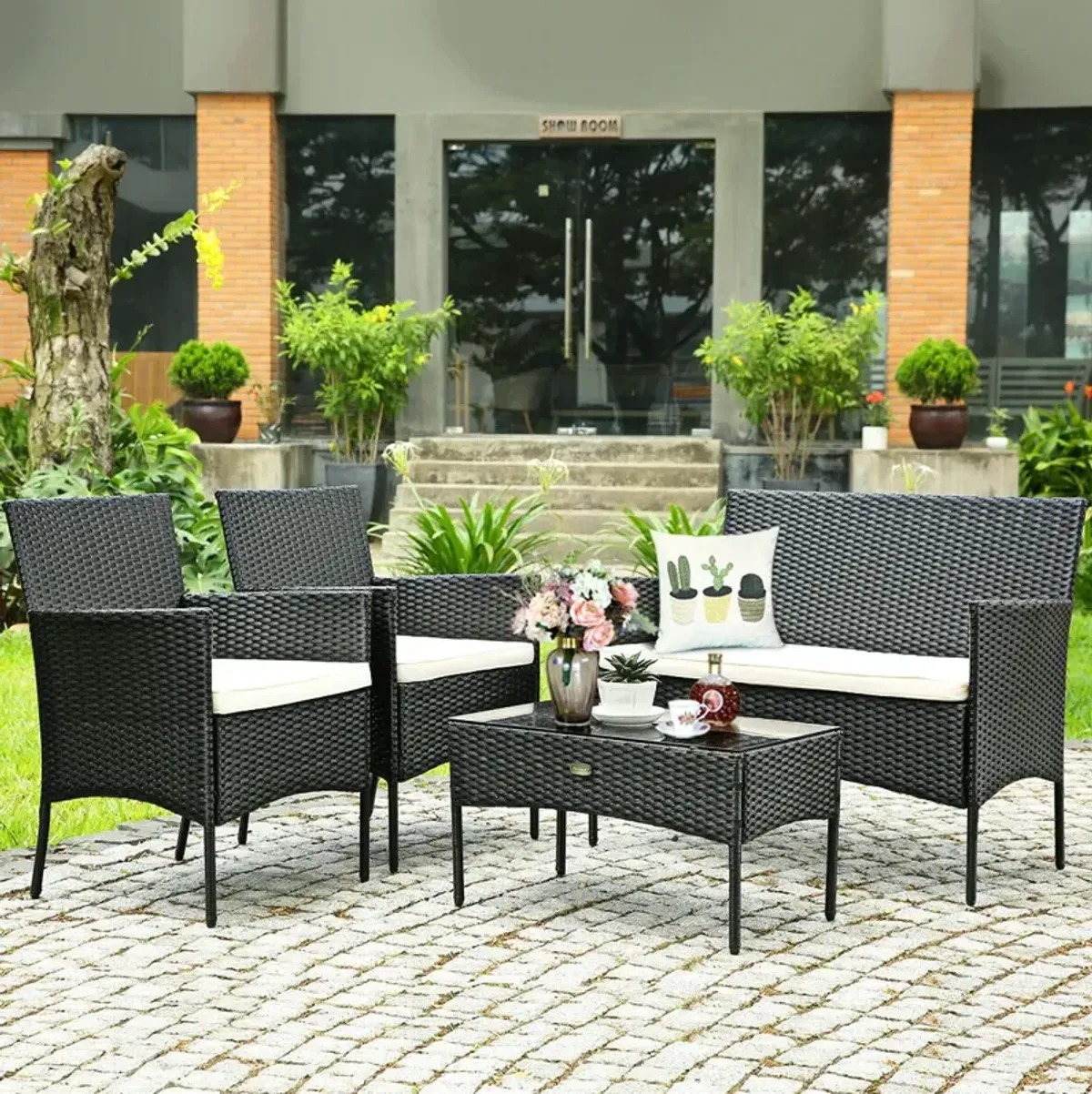 4 Pieces Patio Rattan Cushioned Sofa Set with Tempered Glass Coffee Table