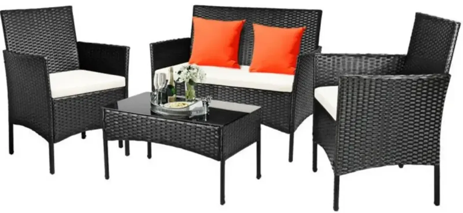 4 Pieces Patio Rattan Cushioned Sofa Set with Tempered Glass Coffee Table