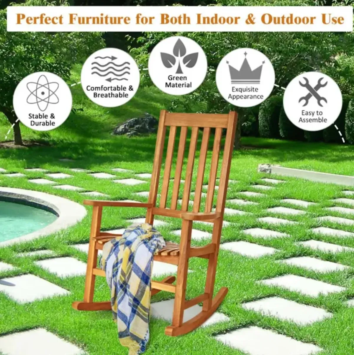 Hivvago Indoor Outdoor Wooden High Back Rocking Chair