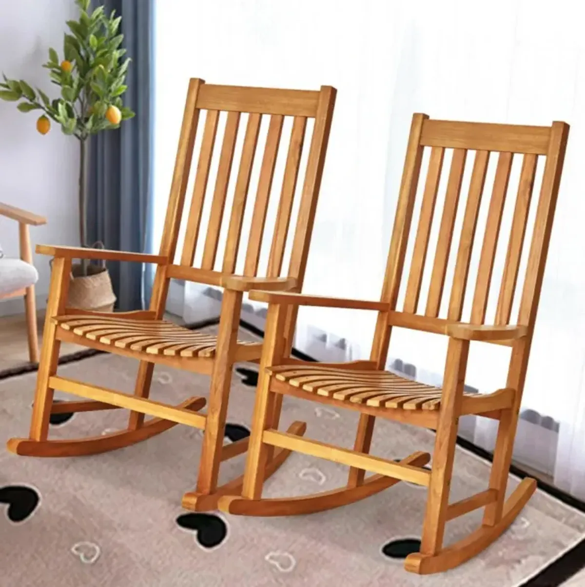 Hivvago Indoor Outdoor Wooden High Back Rocking Chair