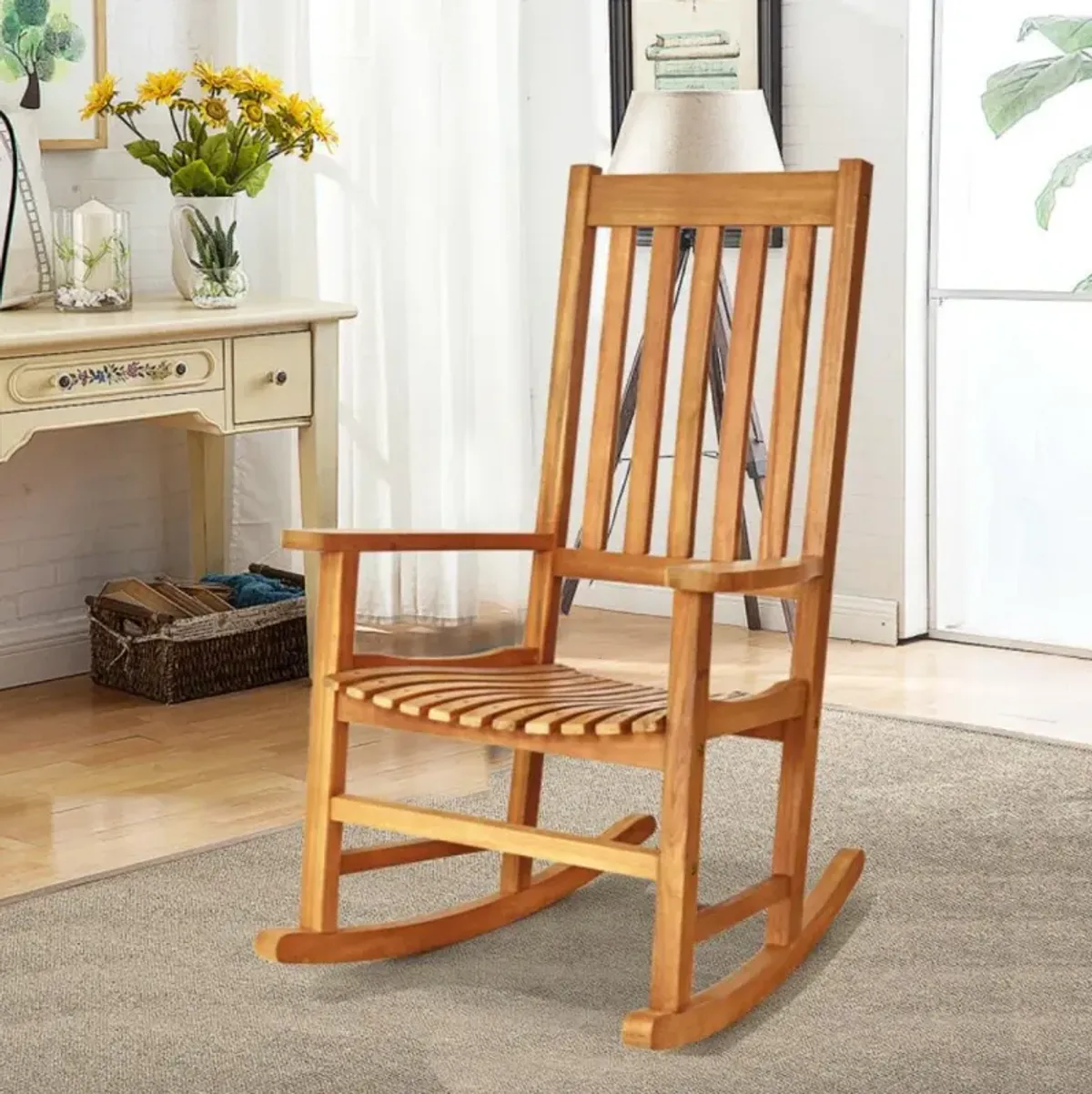 Hivvago Indoor Outdoor Wooden High Back Rocking Chair