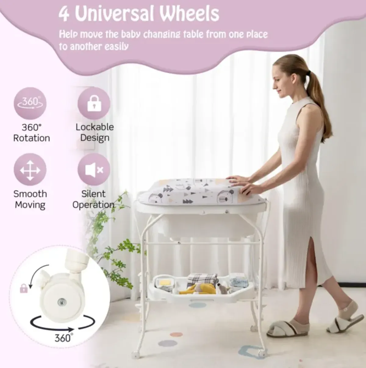 Hivvago Folding Baby Changing Table with Bathtub and 4 Universal Wheels