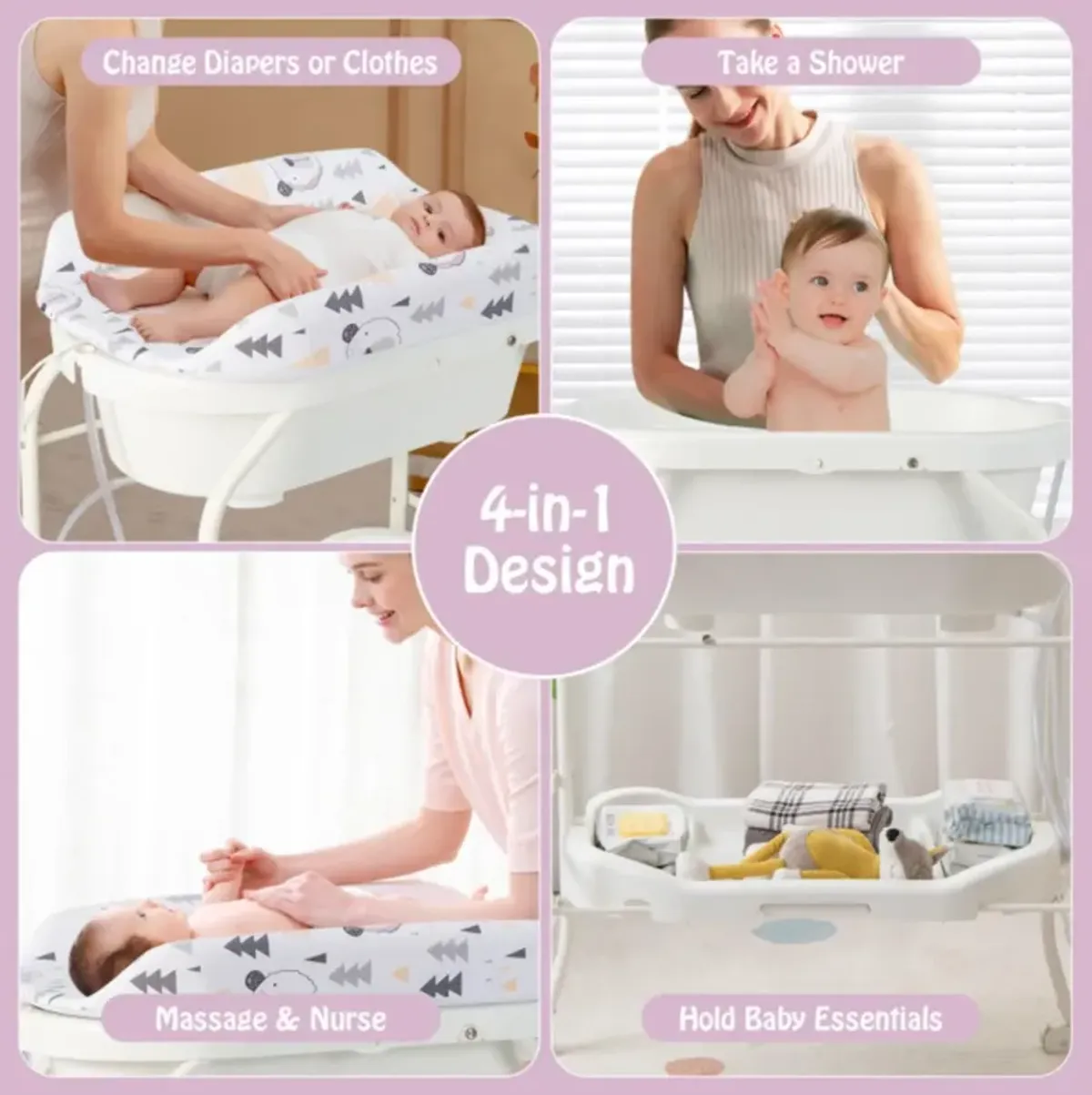 Hivvago Folding Baby Changing Table with Bathtub and 4 Universal Wheels