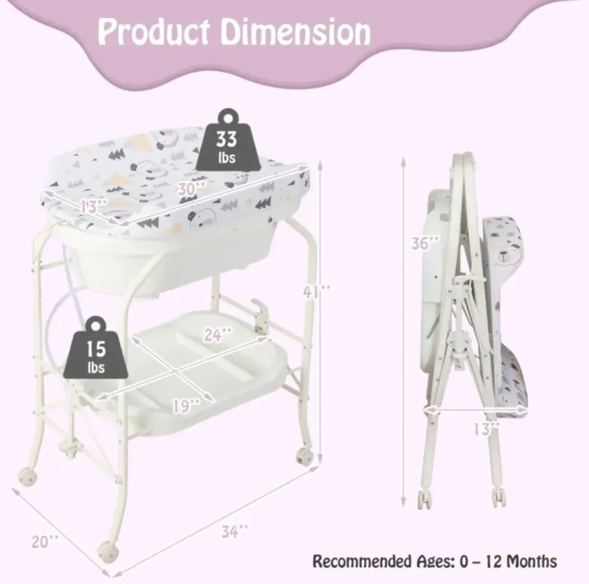 Hivvago Folding Baby Changing Table with Bathtub and 4 Universal Wheels