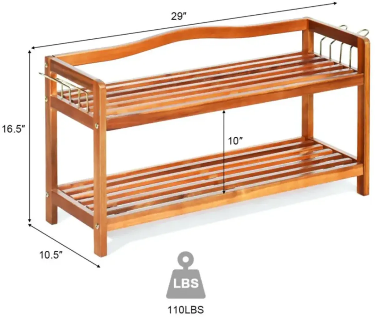 Hivvago 2-Tier Acacia Wood Shoe Rack with 4 Side Metal Hooks