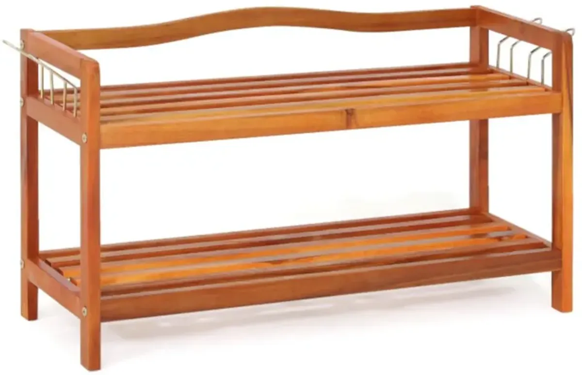 Hivvago 2-Tier Acacia Wood Shoe Rack with 4 Side Metal Hooks