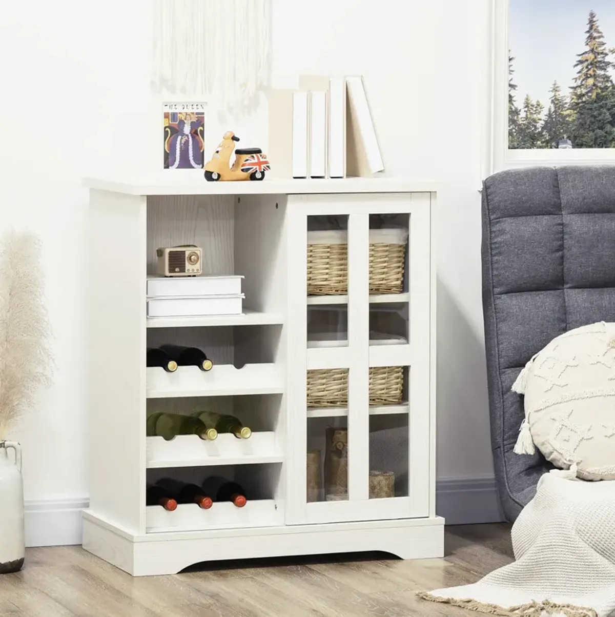 White Kitchen Organizer: Cabinet with Wine Racks & Sliding Door