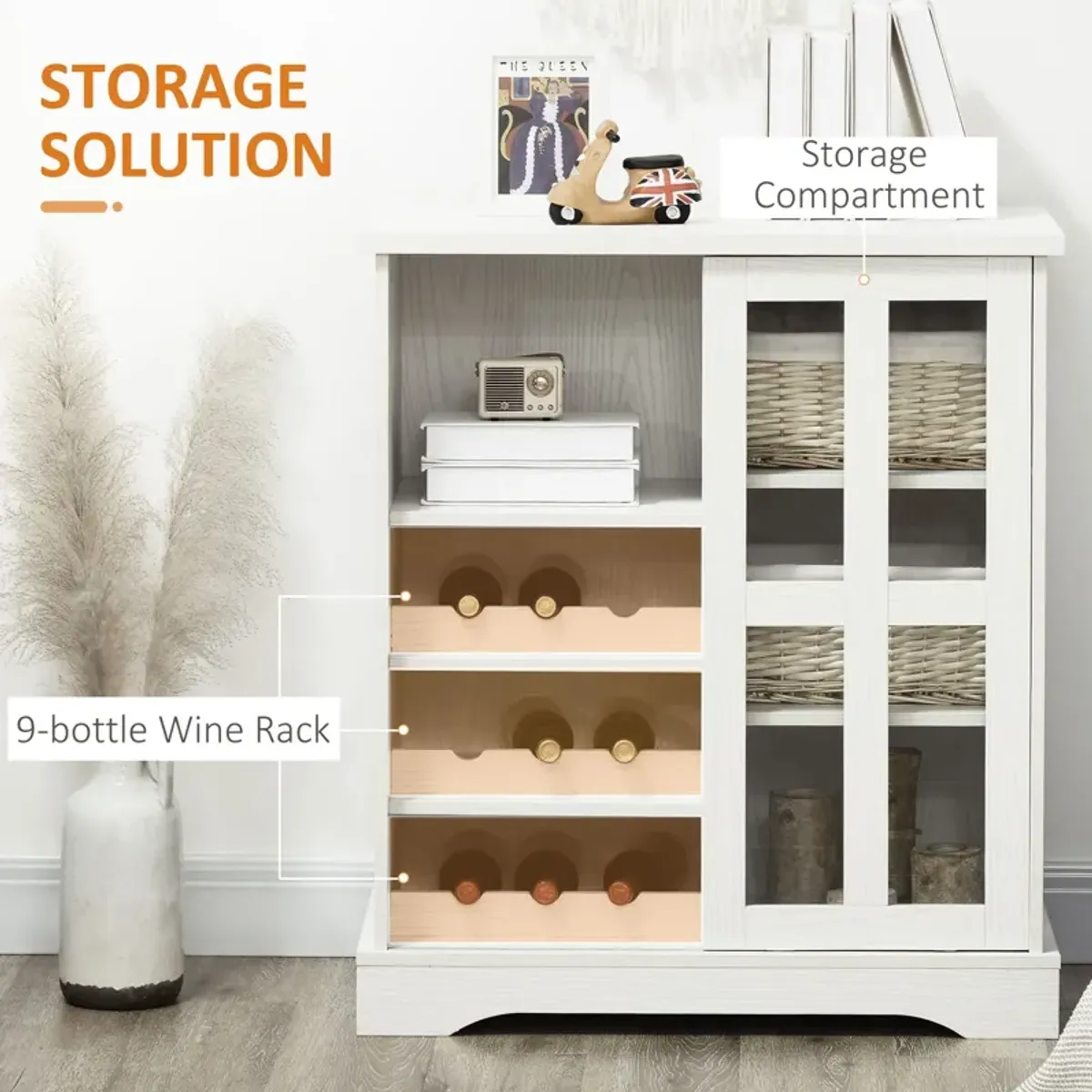 White Kitchen Organizer: Cabinet with Wine Racks & Sliding Door