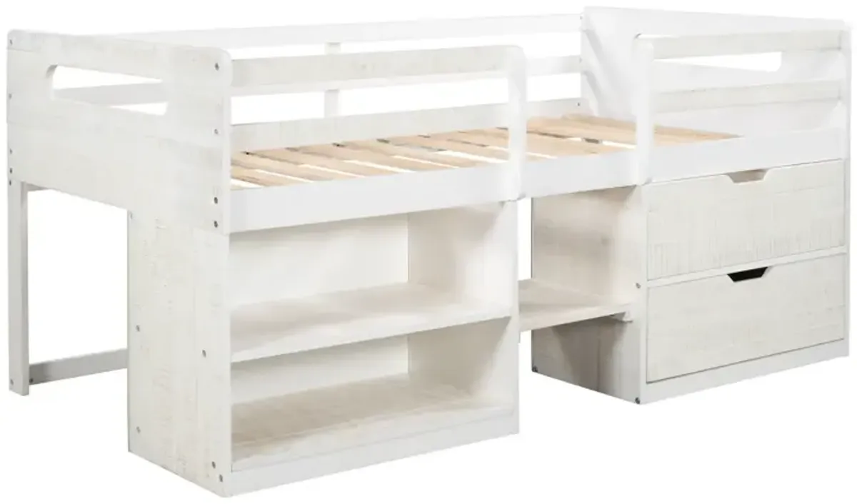 Twin Size Loft Bed With Two Shelves And Two Drawers