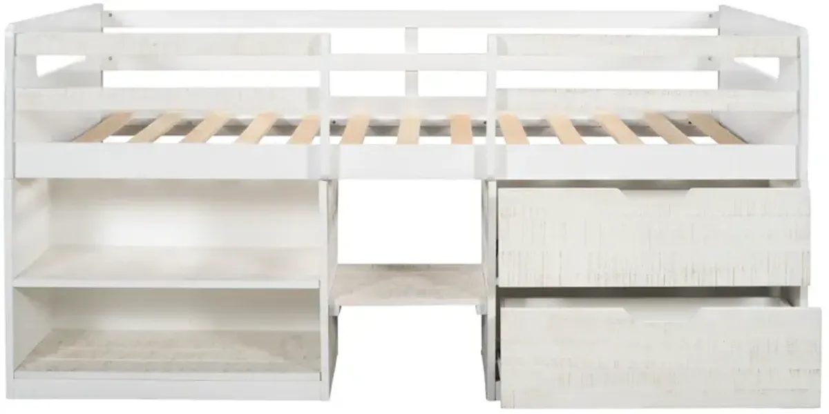 Twin Size Loft Bed With Two Shelves And Two Drawers