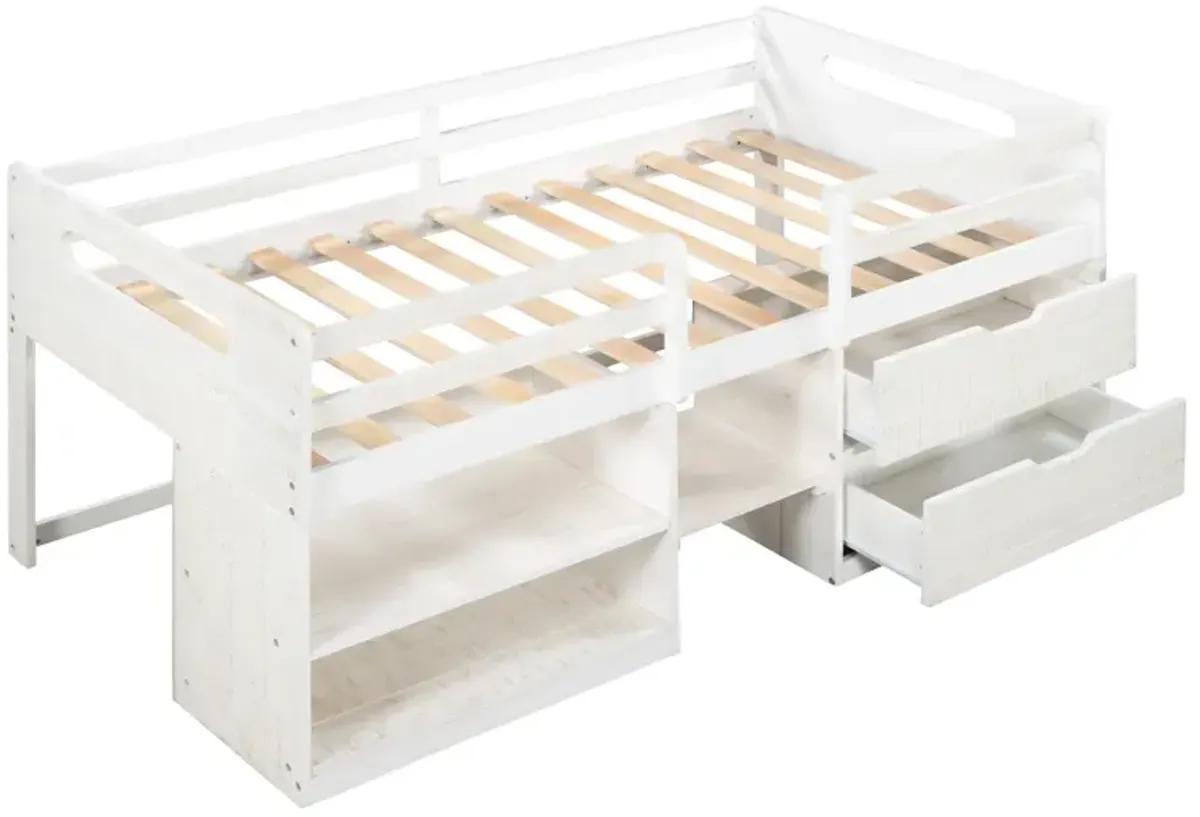 Twin Size Loft Bed With Two Shelves And Two Drawers