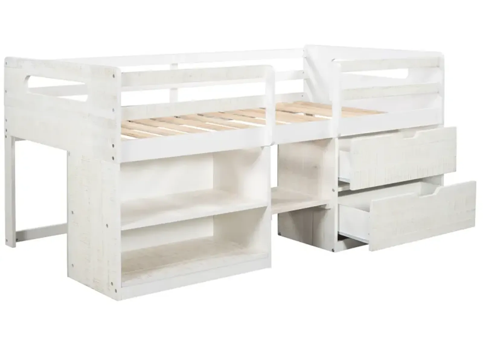 Twin Size Loft Bed With Two Shelves And Two Drawers