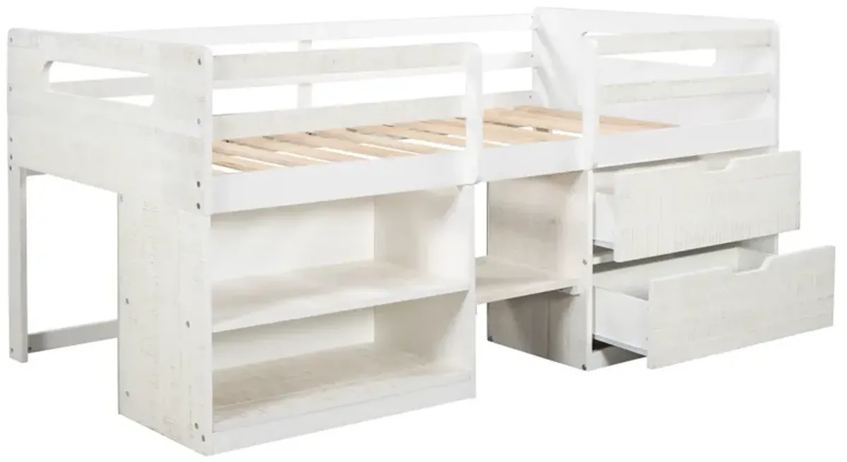 Twin Size Loft Bed With Two Shelves And Two Drawers