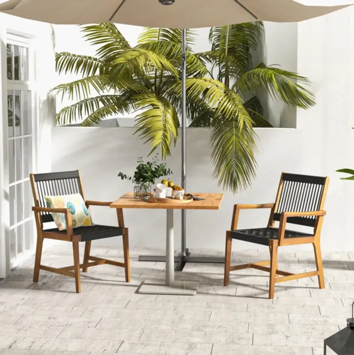 Hivvago Set of 2 Patio Acacia Wood Dining Chairs with Armrests for Lawn Yard