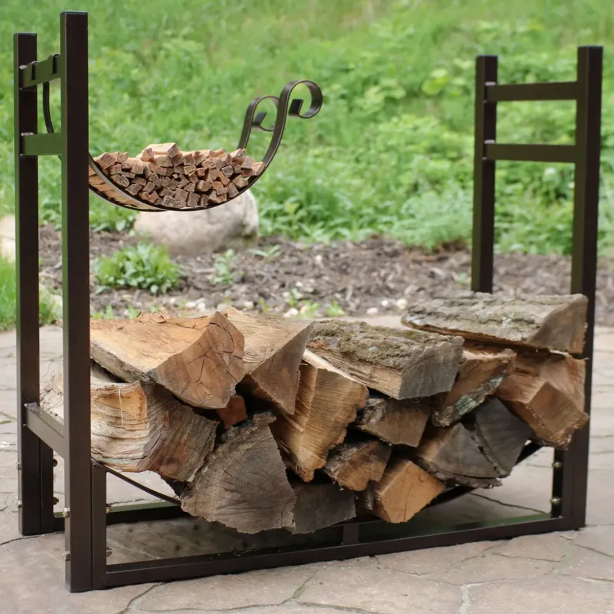 Sunnydaze 33 in Steel Firewood Log Rack with Kindling Holder