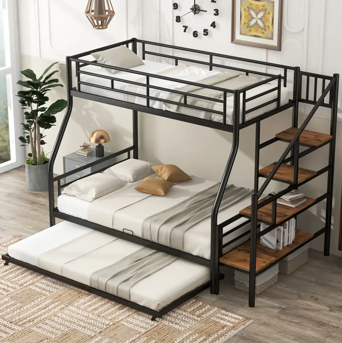 Merax Metal Bunk Bed with Trundle and Storage Staircase