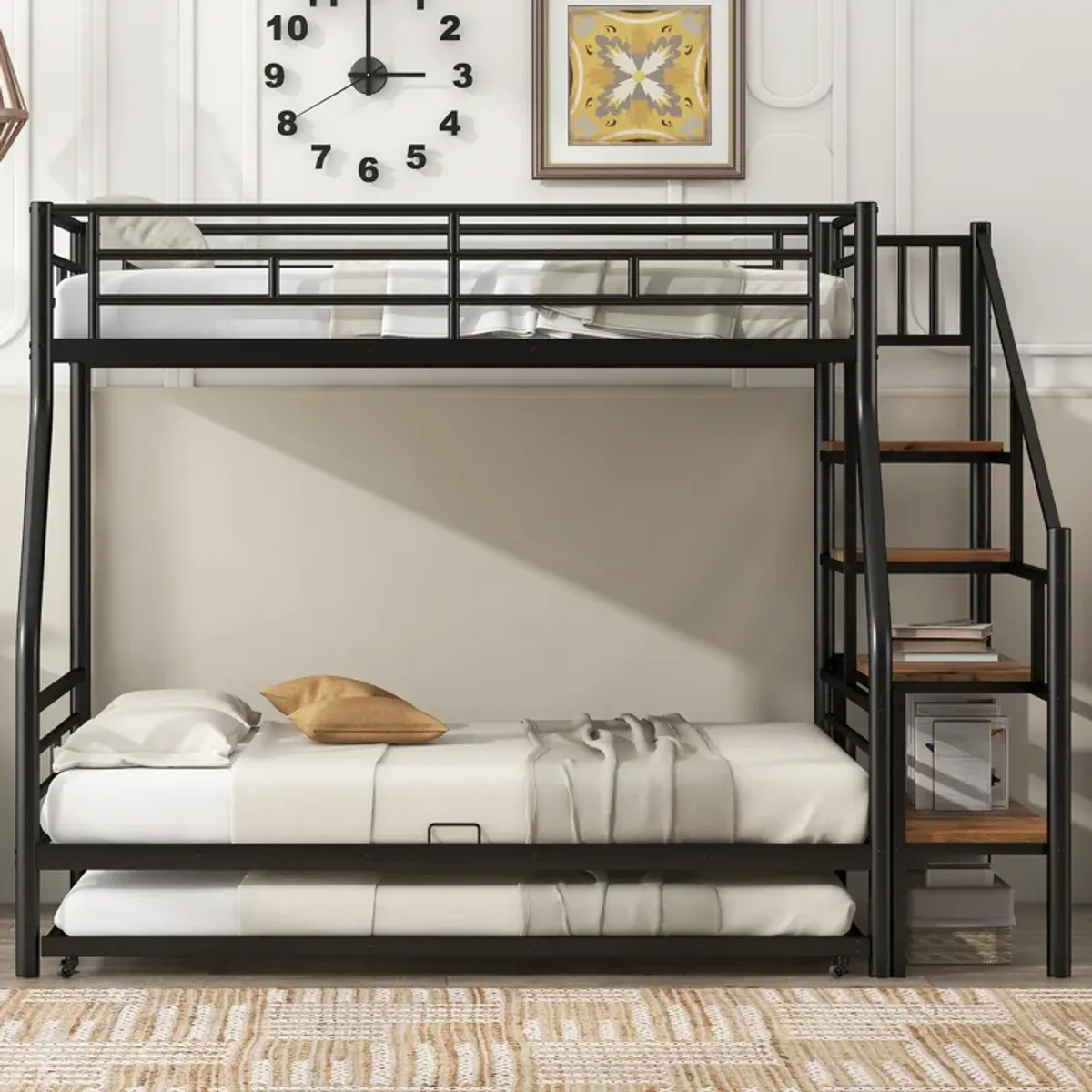 Merax Metal Bunk Bed with Trundle and Storage Staircase