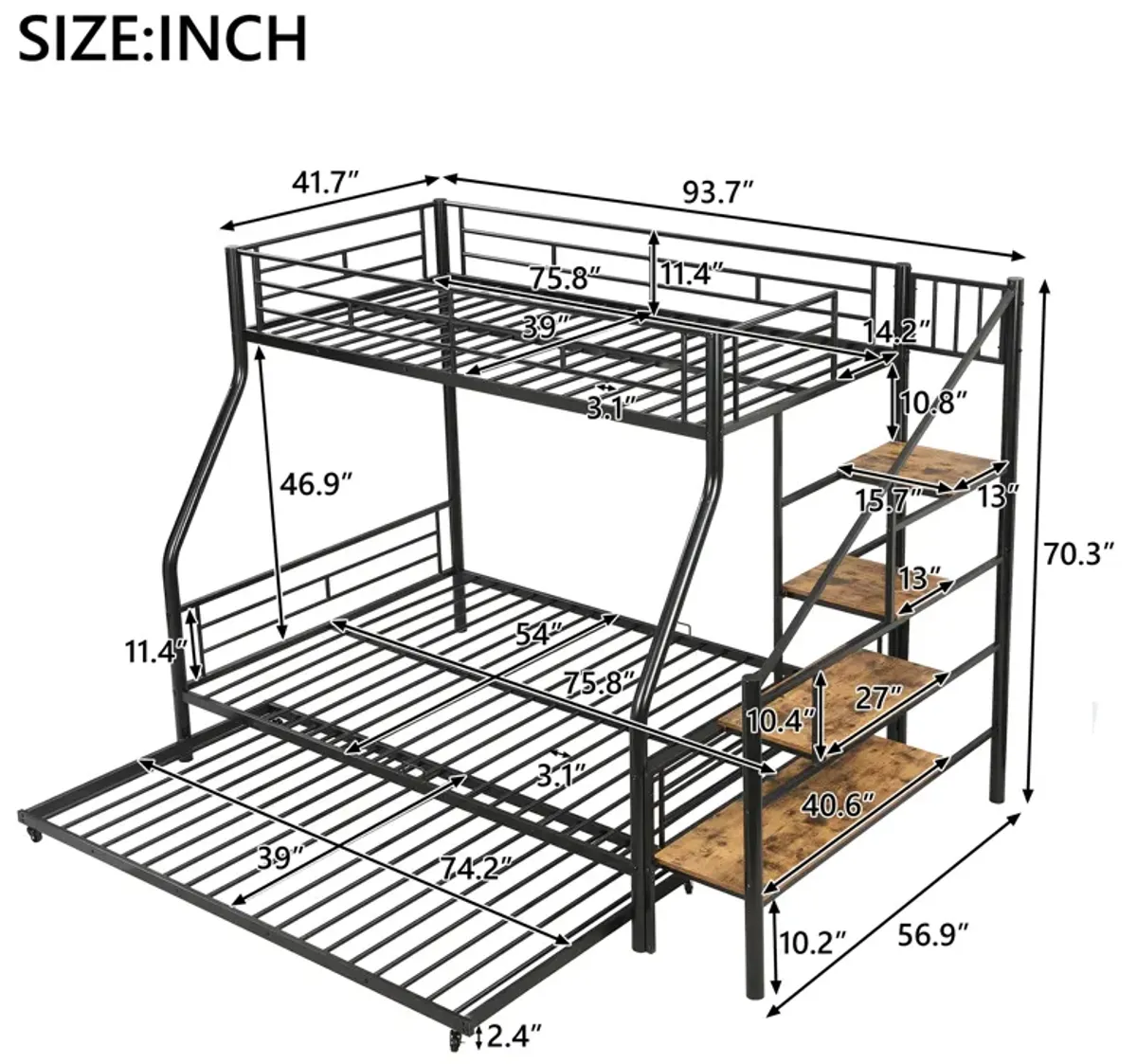 Merax Metal Bunk Bed with Trundle and Storage Staircase